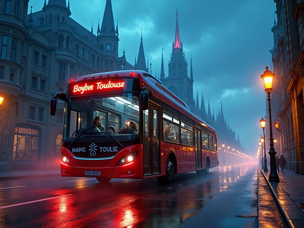 Surreal Bus in Gothic Metropolis