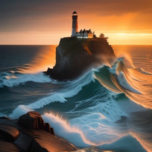 Lighthouses on Rocky Coast at Golden Hour