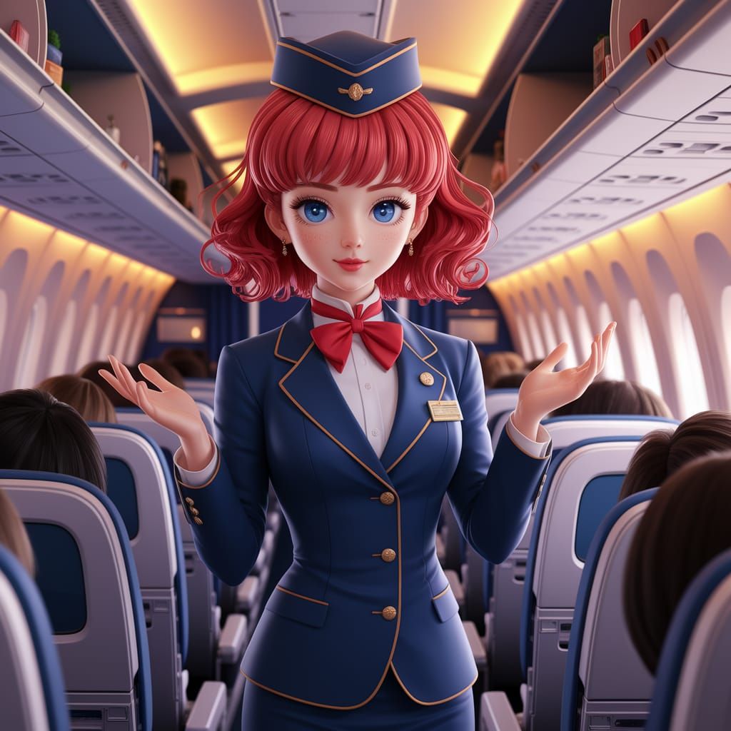 Anime Stewardess Demonstrates Safety in 3D Art