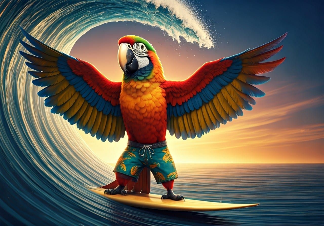 Heroic Macaw Surfing a Wave at Golden Hour