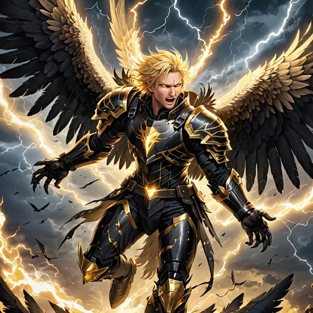 Harpy Angel Soars Through Lightning Storm