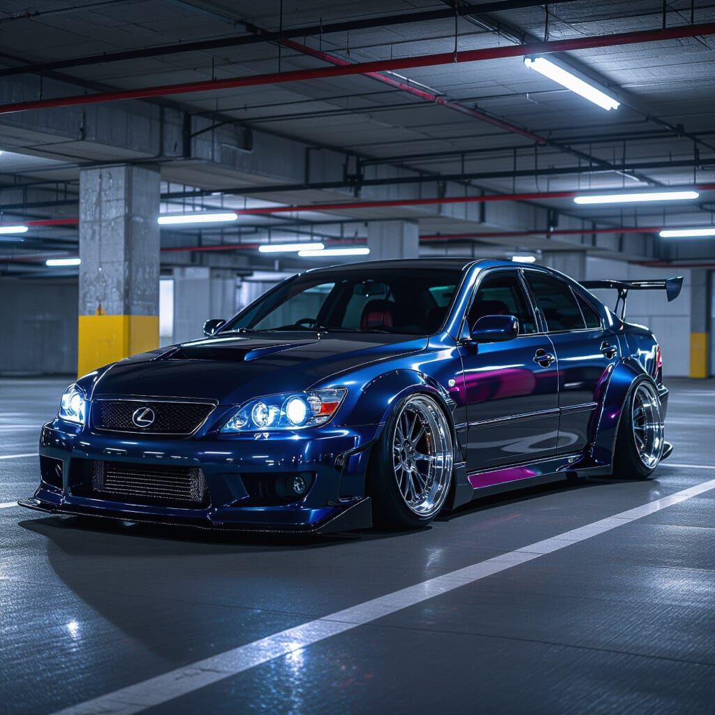 Modified Lexus IS300 with Widebody Kit in Neon Garage