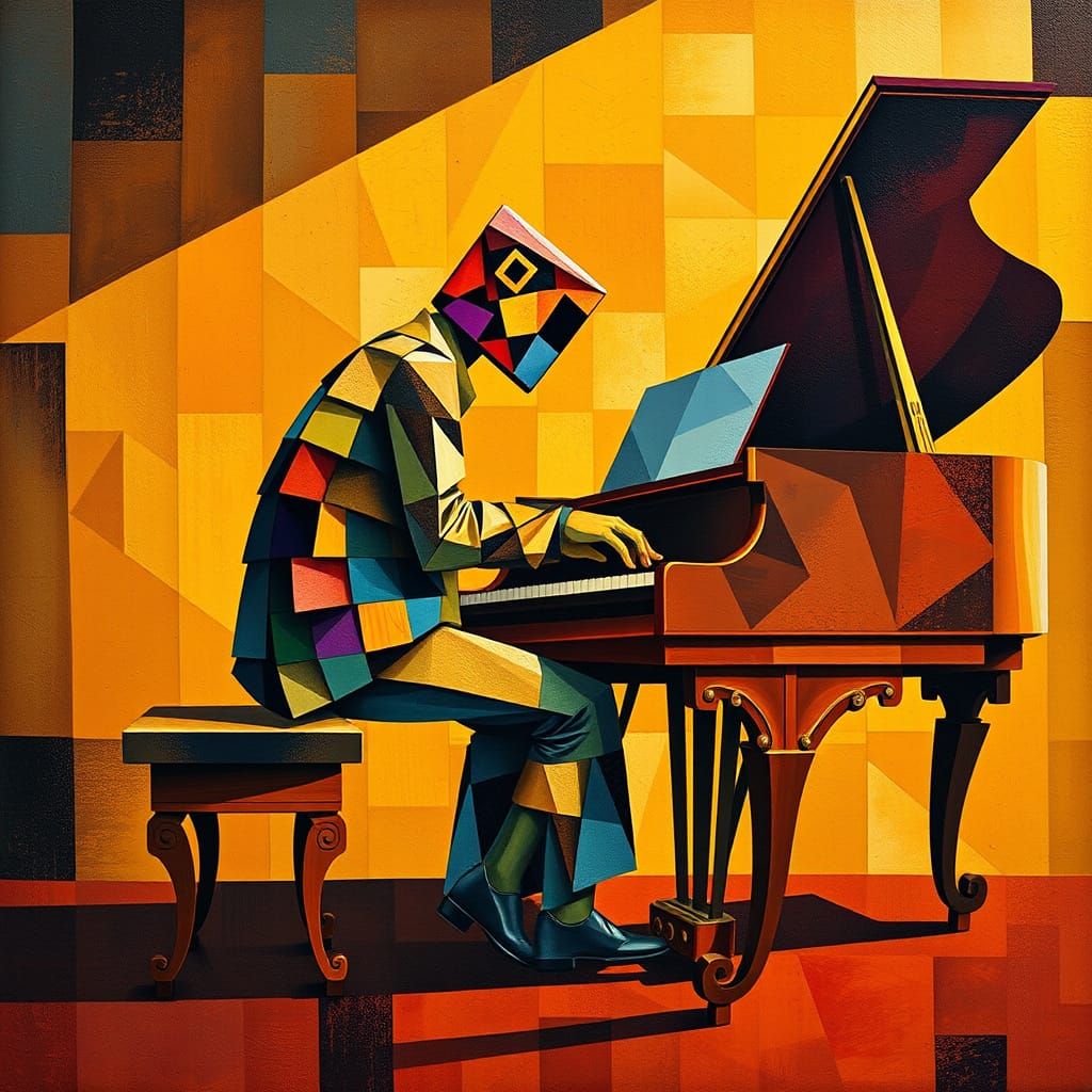 Cubist Pianist in Golden Glow