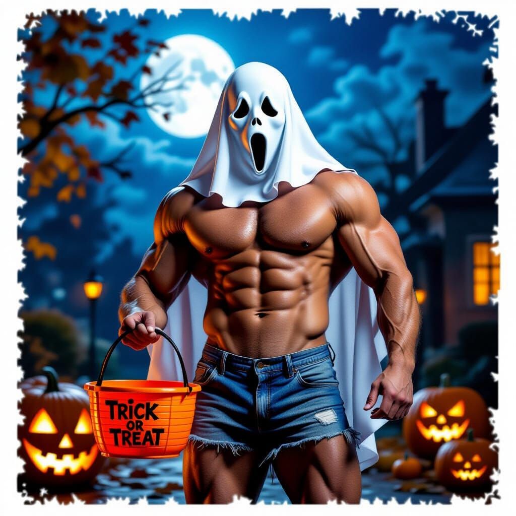Muscular Man in Ghost Mask on Halloween Night