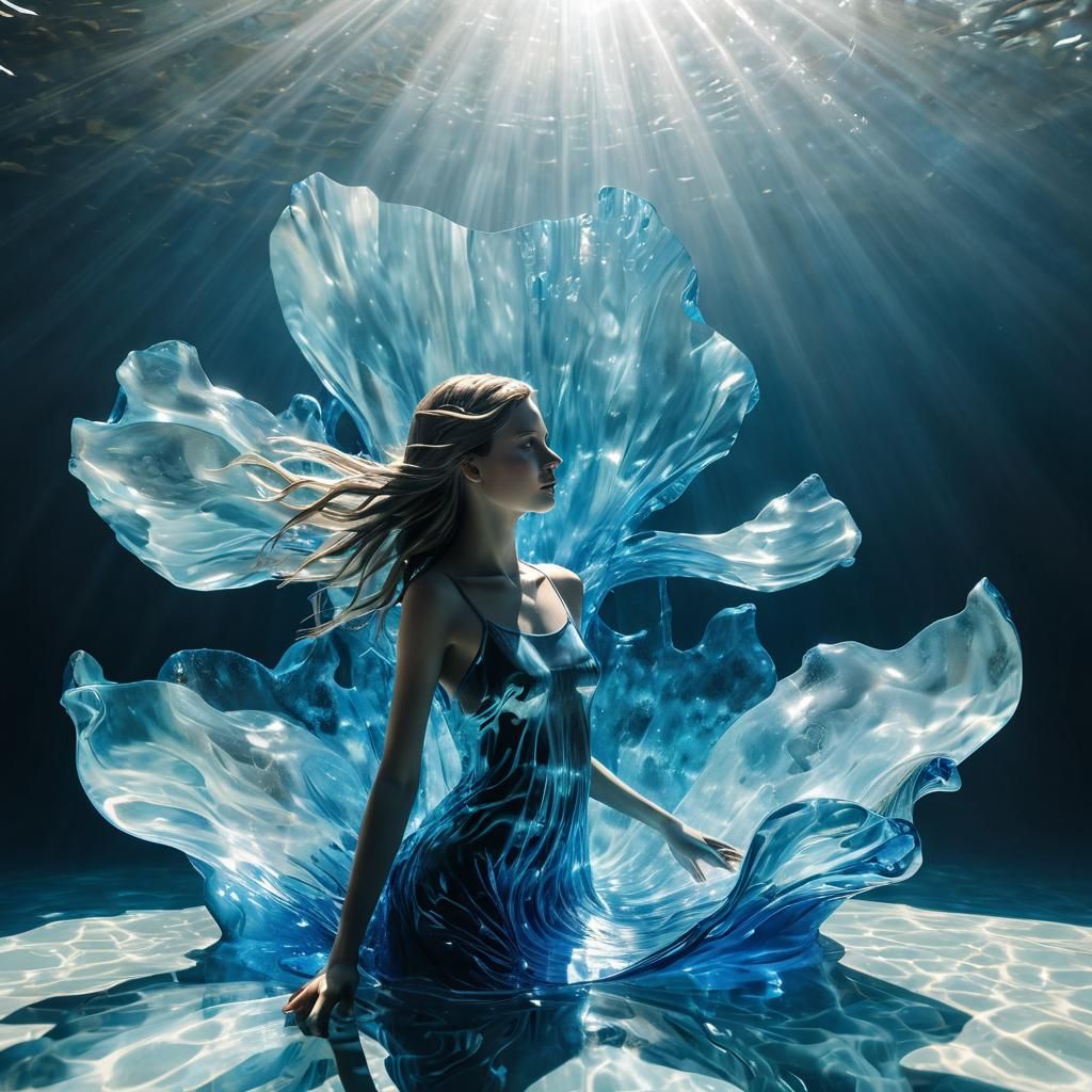 Luminous Blue Water Sculpture of a Girl