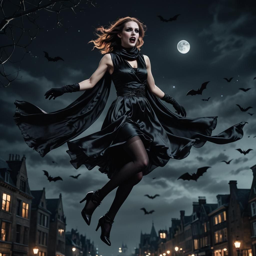 Goth Vampire Woman in Flight: Hyperrealistic Night Scene