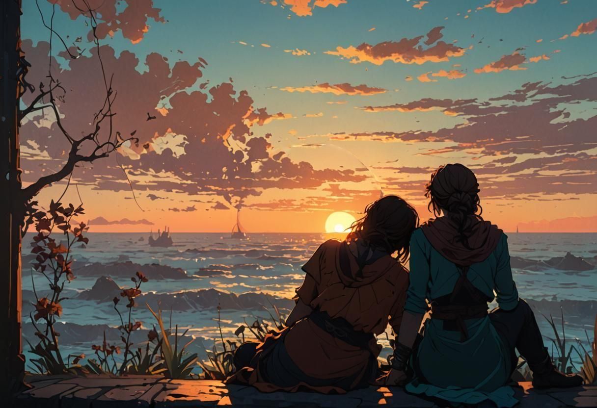 Lesbian Couple Sunset Silhouette: Hyperdetailed Concept Art