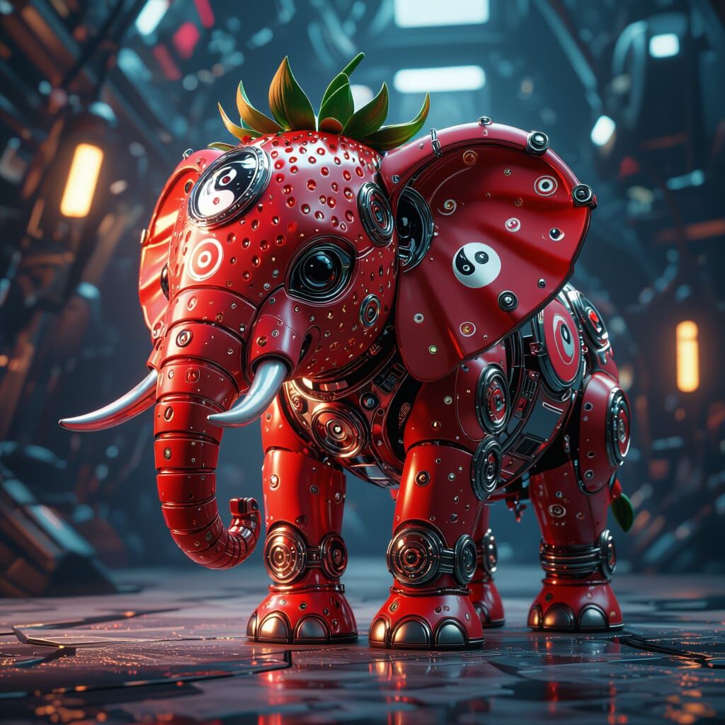 Futuristic Strawberry Elephant with Mechanical Details