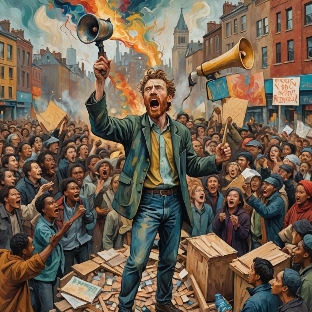 Revolutionary Figure in Expressionist Cityscape