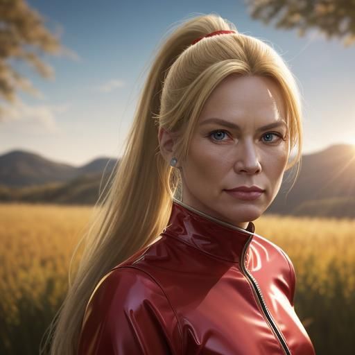 Blonde Woman in Red Latex Dress, Photorealistic