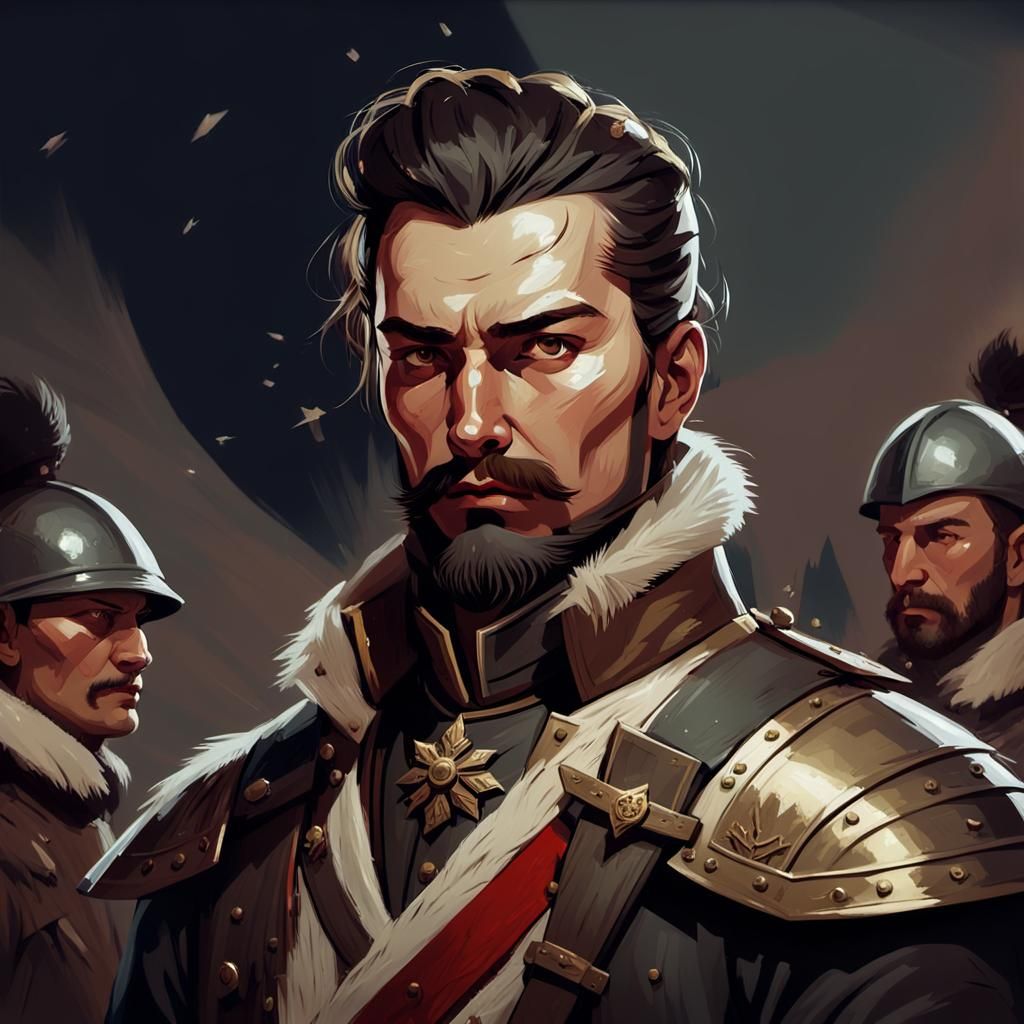 Female Slavic Warrior in Russian Fur Coat Uniform, Oil Paint...