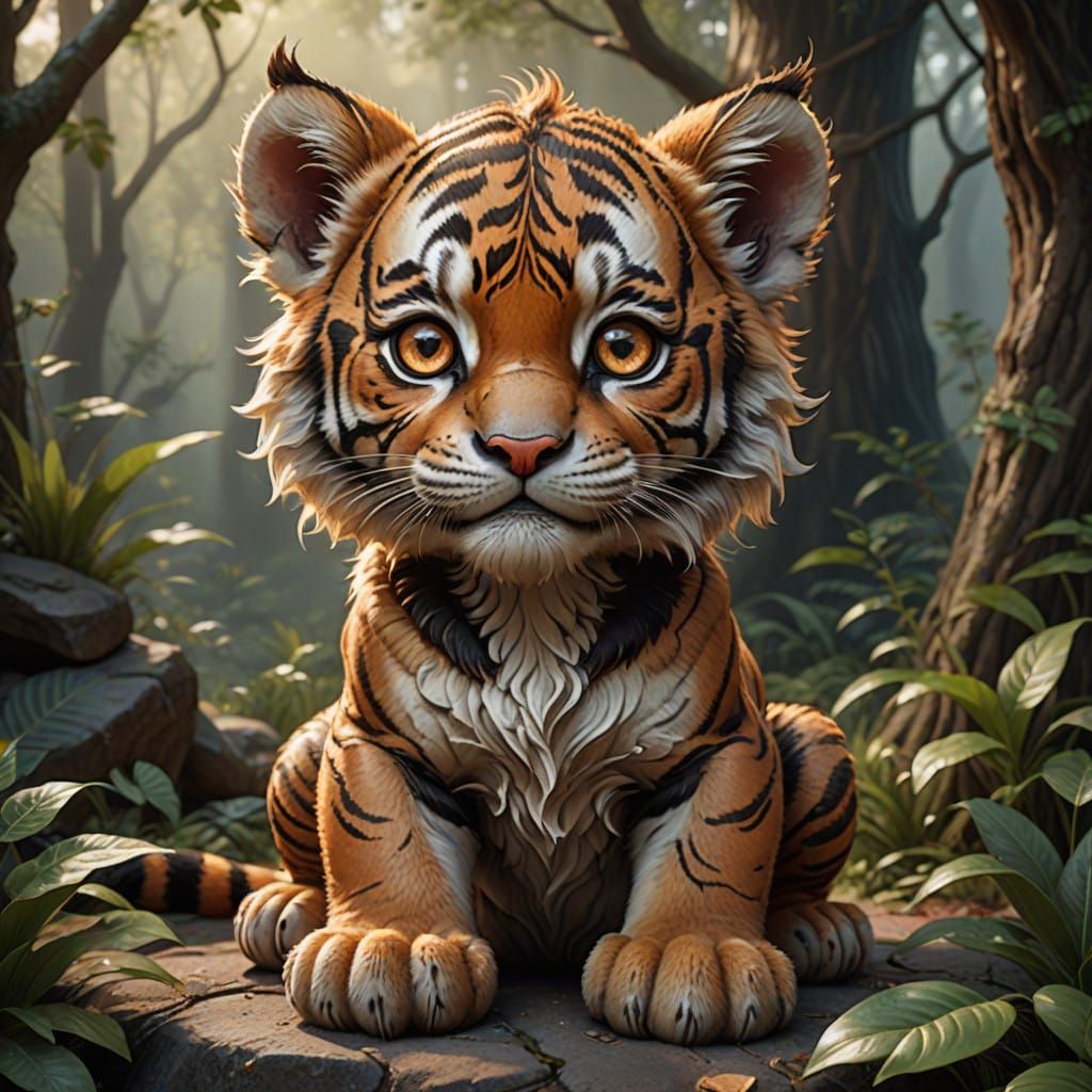 Whimsical Baby Tiger Oil Painting in Classic Storybook Style