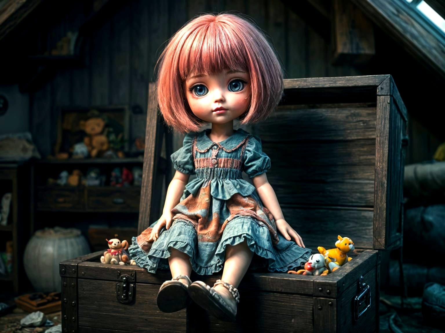 Melancholy Doll in Attic with Treasure Chest