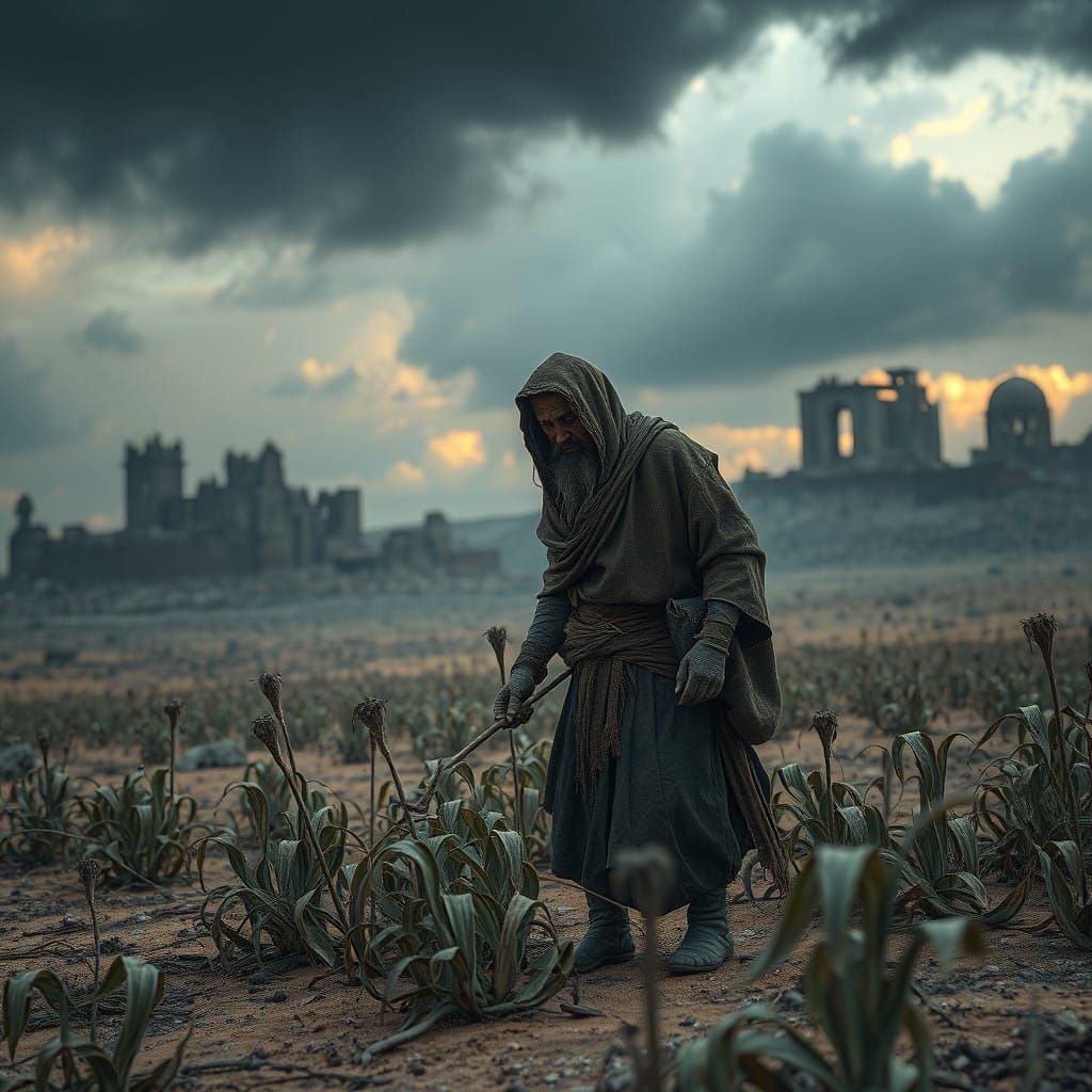 Fantasy Desert Farmer in Tattered Robes Amid Ancient Ruins