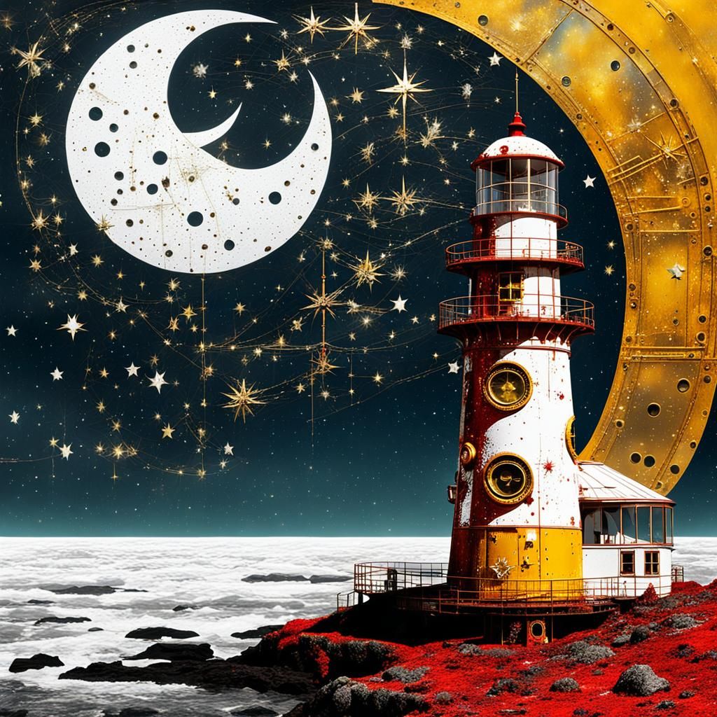 Steampunk Scrapcore Moon and Lighthouse in Double Exposure
