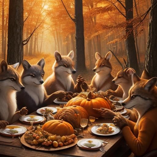 Thanksgiving Feast with Forest Animals in Autumn