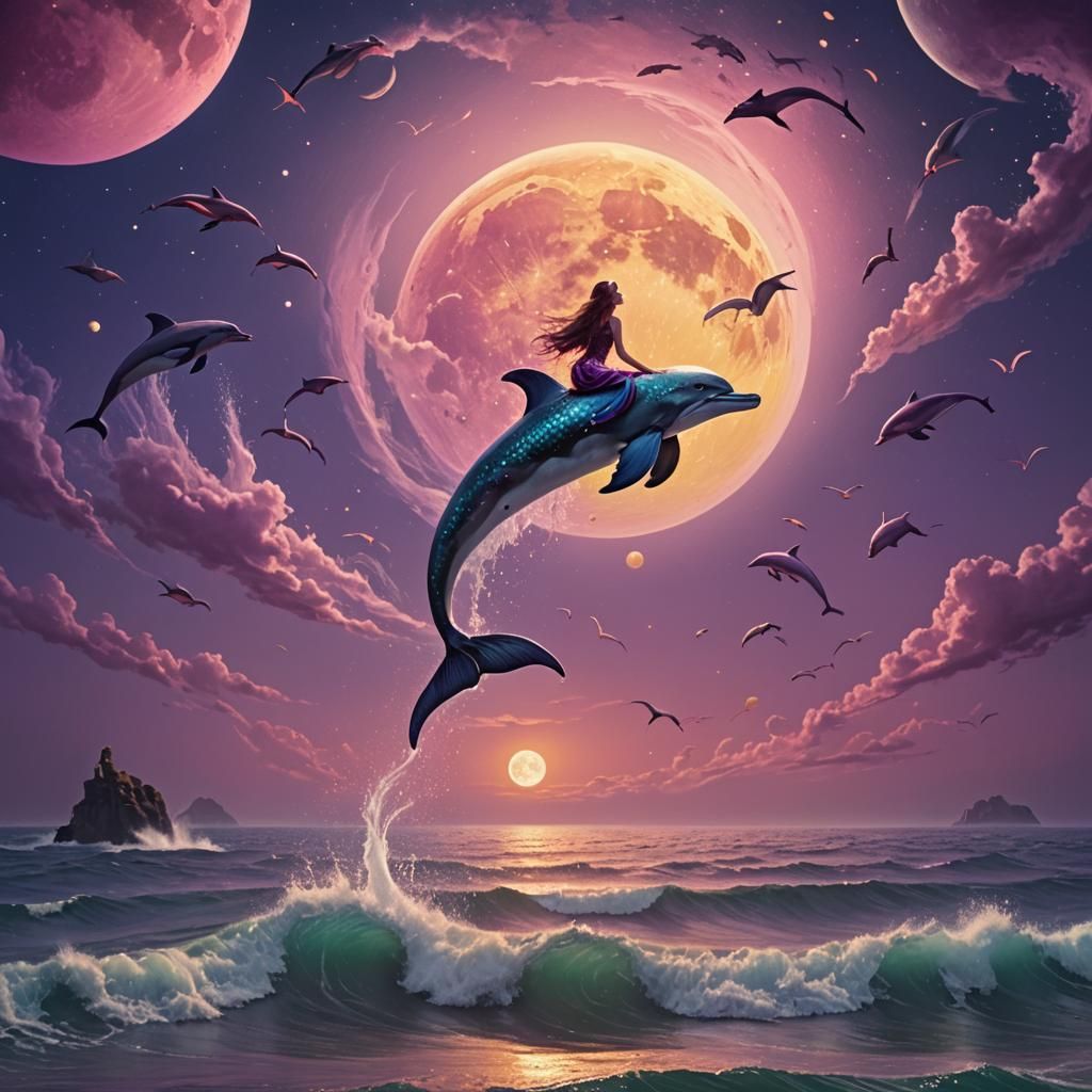 Enchanting Mermaid with Dolphins Under Yellow Moon