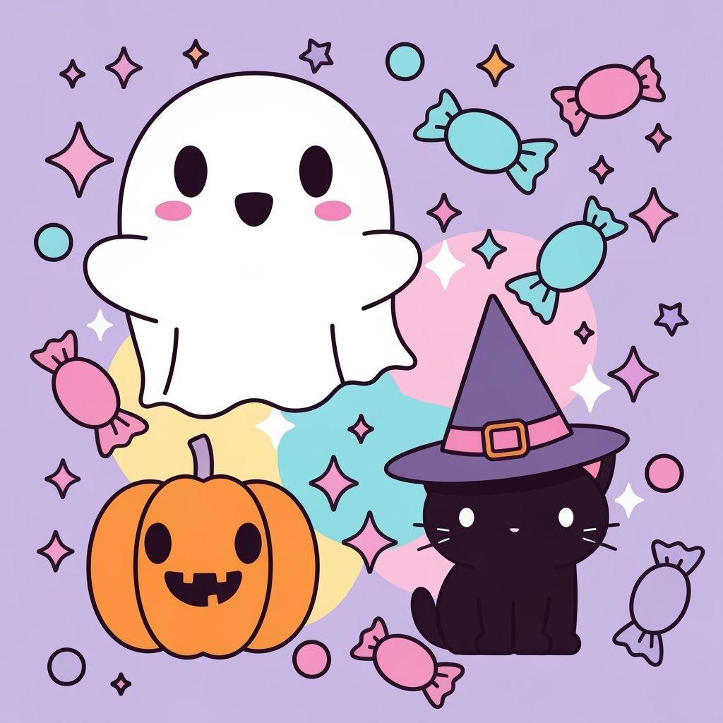 Kawaii Halloween Pattern with Ghost, Cat, Pumpkin