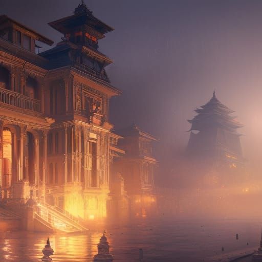 Pashupati Arati: Dynamic Digital Art in Orange and Teal