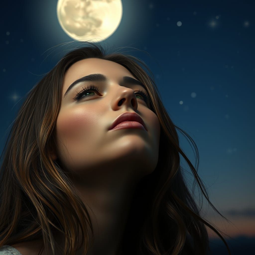 Photorealistic Woman Lost in Musical Reverie Under Moonlight