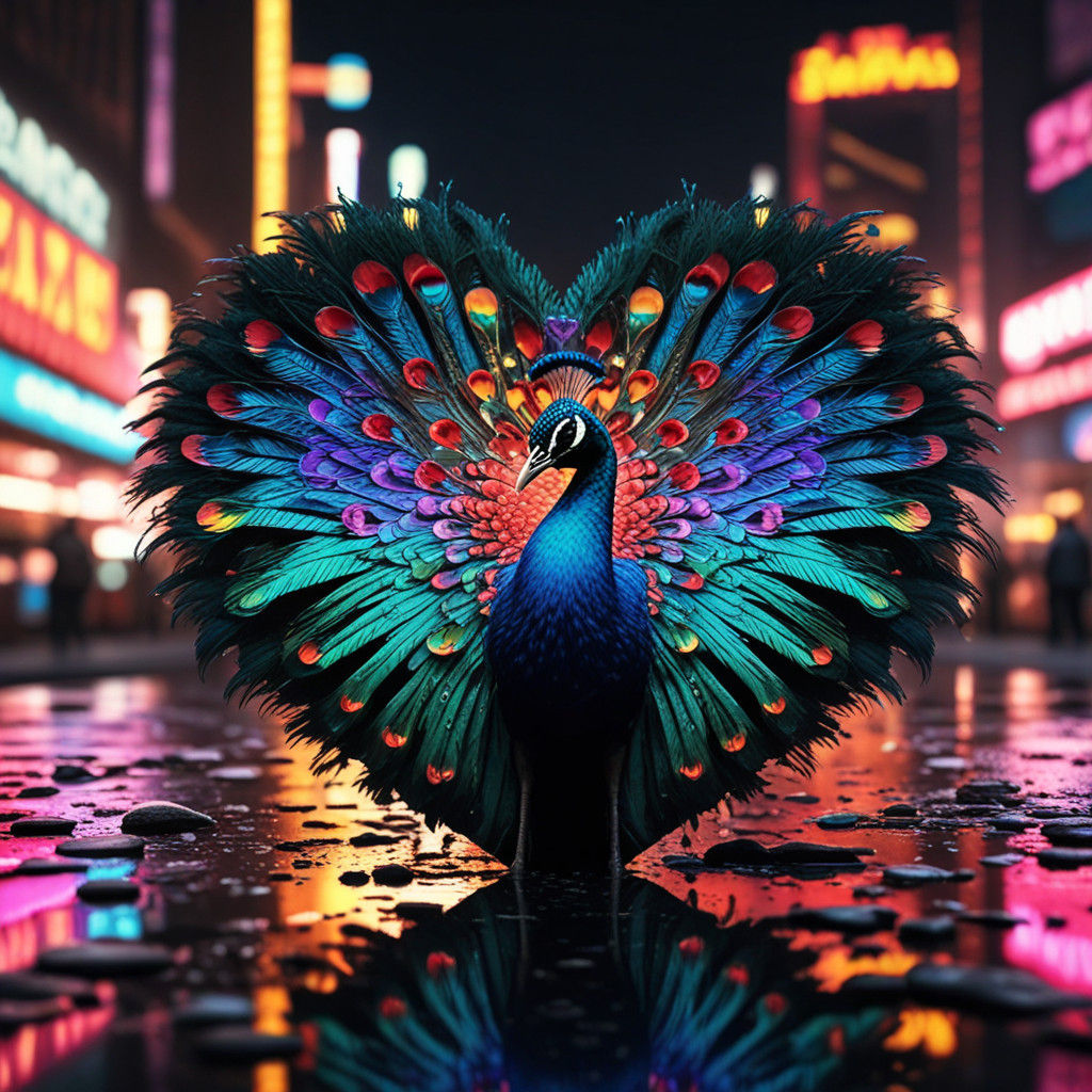 Vibrant Peacock Displays Heart-Shaped Spread in Neon Paradis...