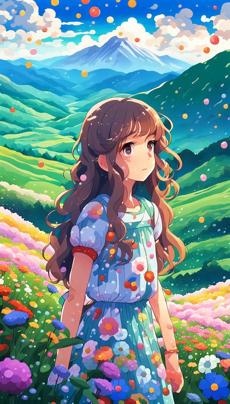 Anime Girl in Mountains, Murakami-Inspired Style