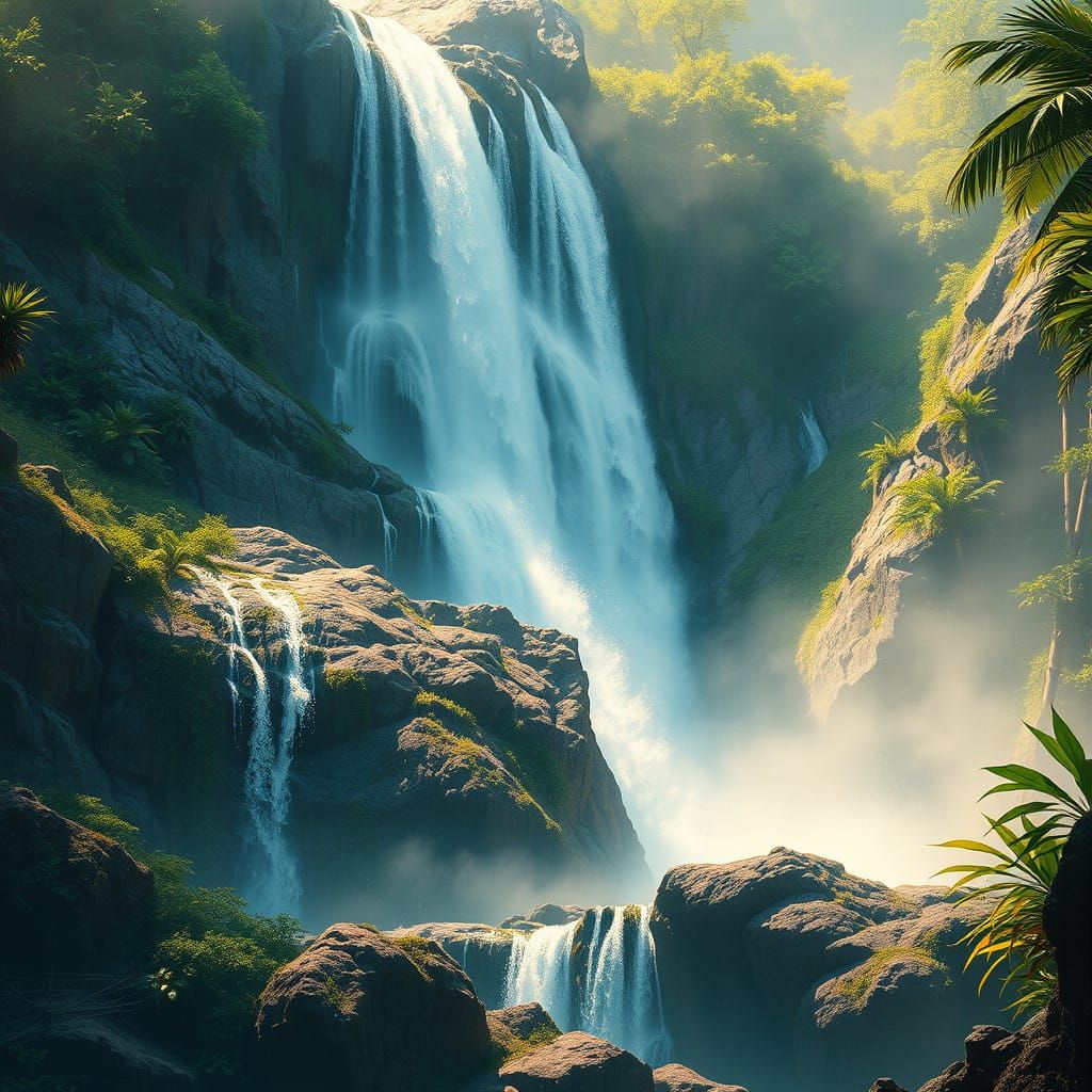 Majestic Waterfall in Hyperrealistic Splash Art