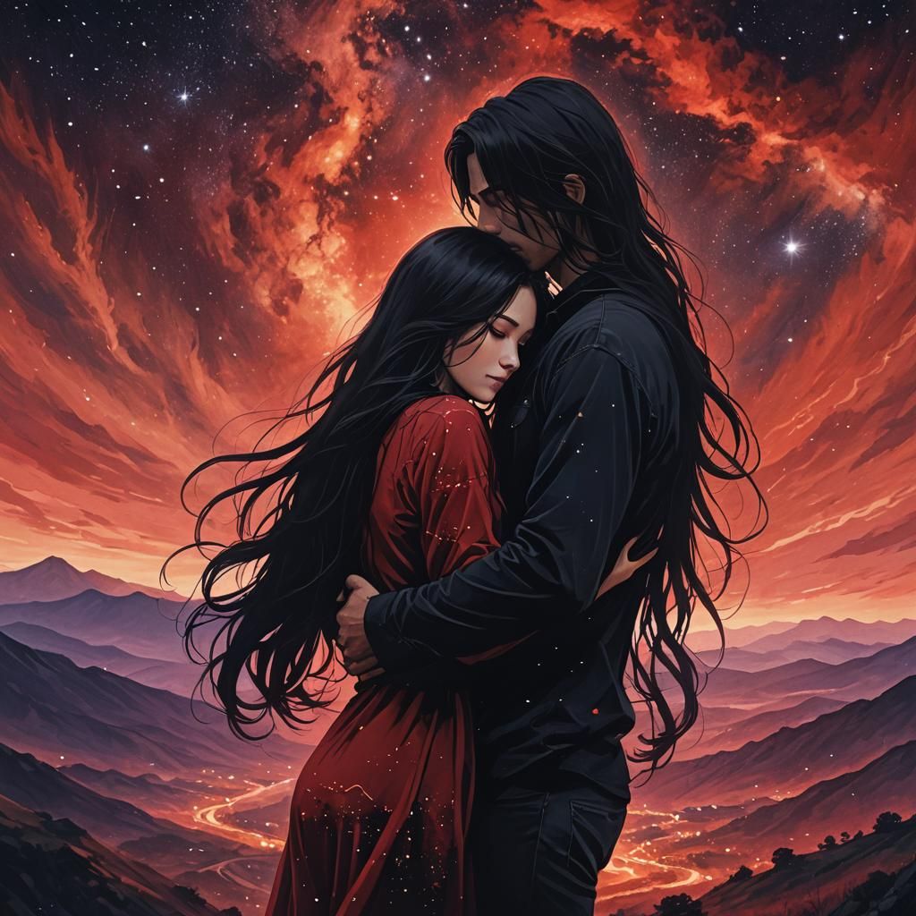 Silhouetted Couple Embrace Under Galaxy Sky