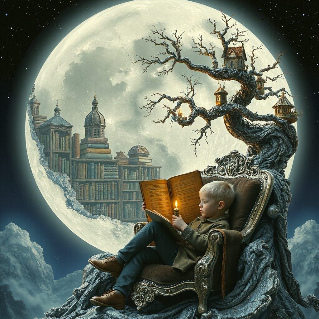 Majestic Lunar Library Scene with Boy Reading