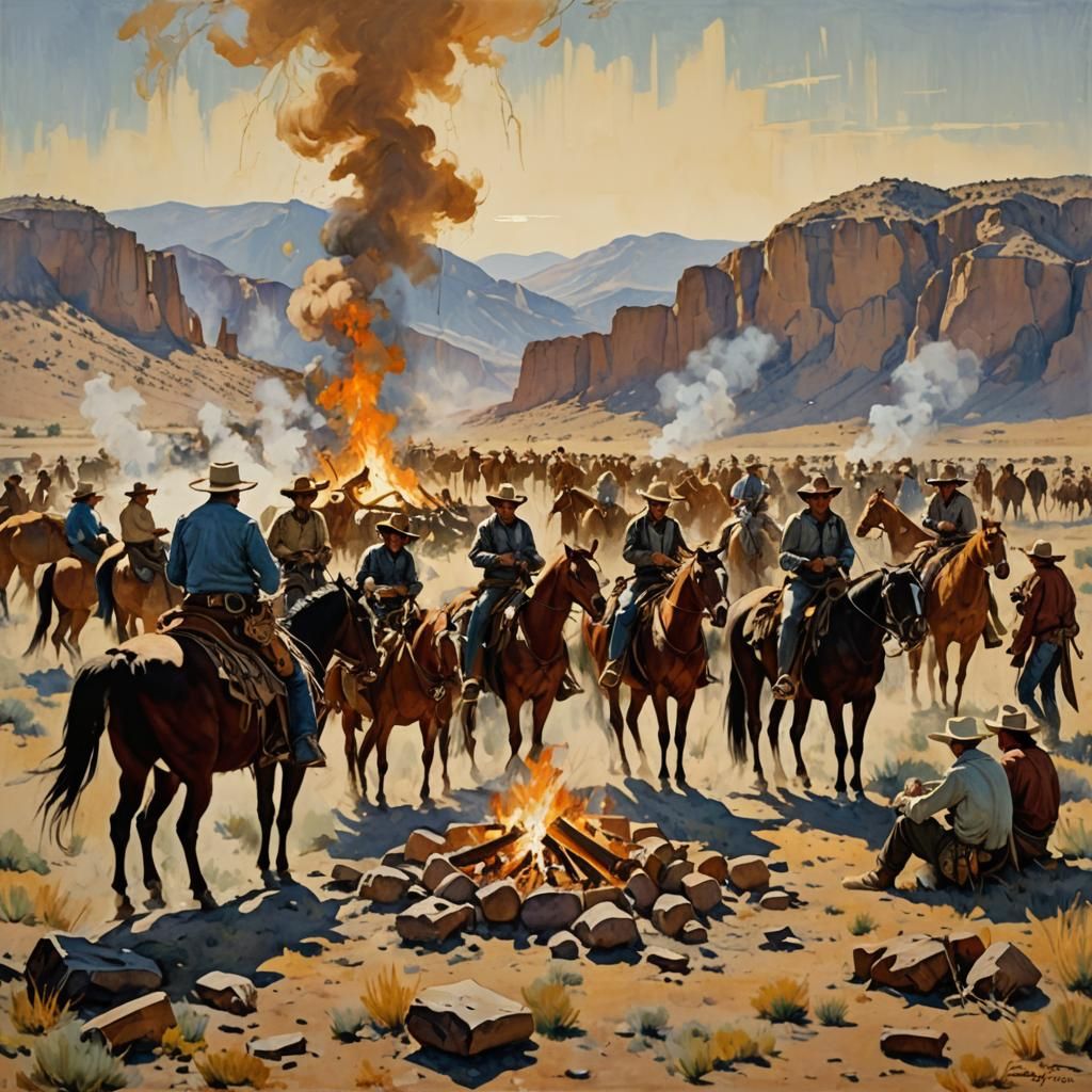 Cowboys Around Campfire in the Wild West Style