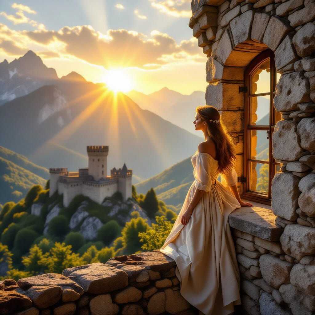 Golden Sunrise Over 15th Century French Mountain Castle
