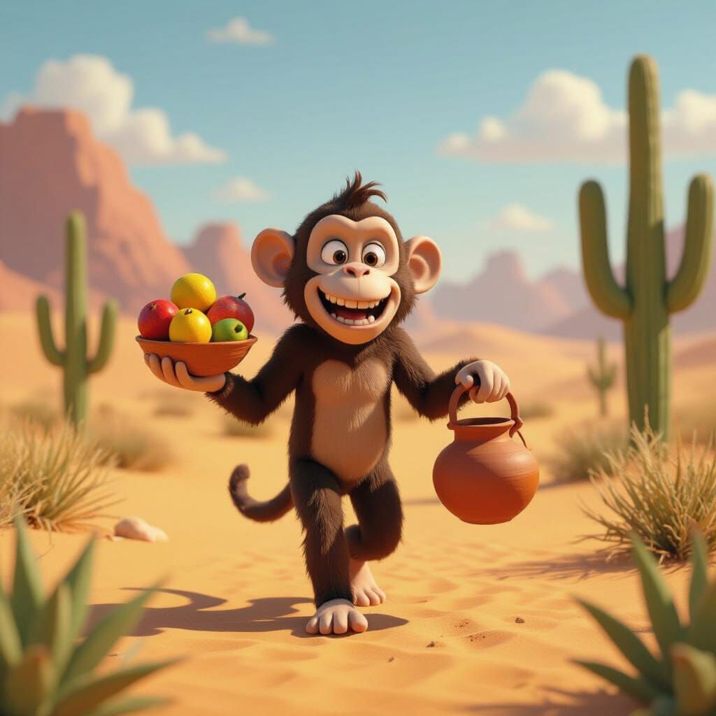 Monkey's Desert Journey: 3D Animated Pixar-style