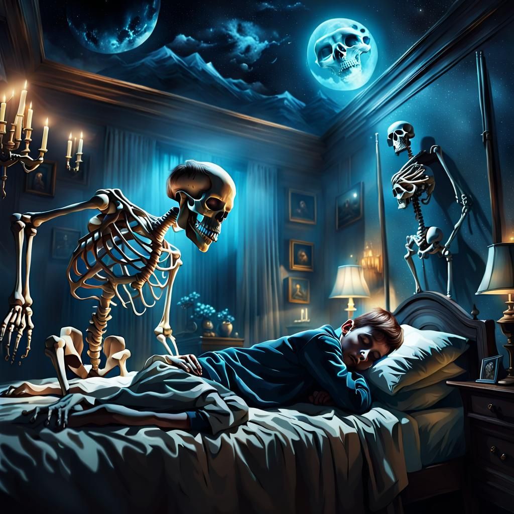 Frightening Skeletal Being Leans Over Sleeping Boy