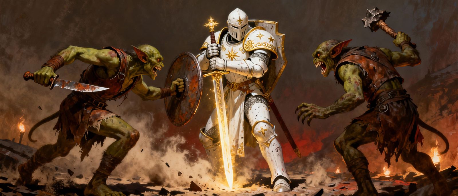 Paladin Battles Goblins in Dramatic Realistic Scene