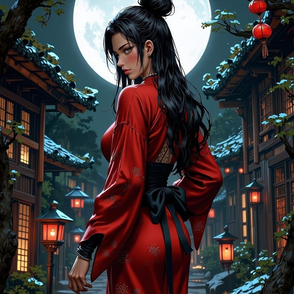 Elegant Yakuza Leader in Crimson Kimono, Dragon Tattoo, and....