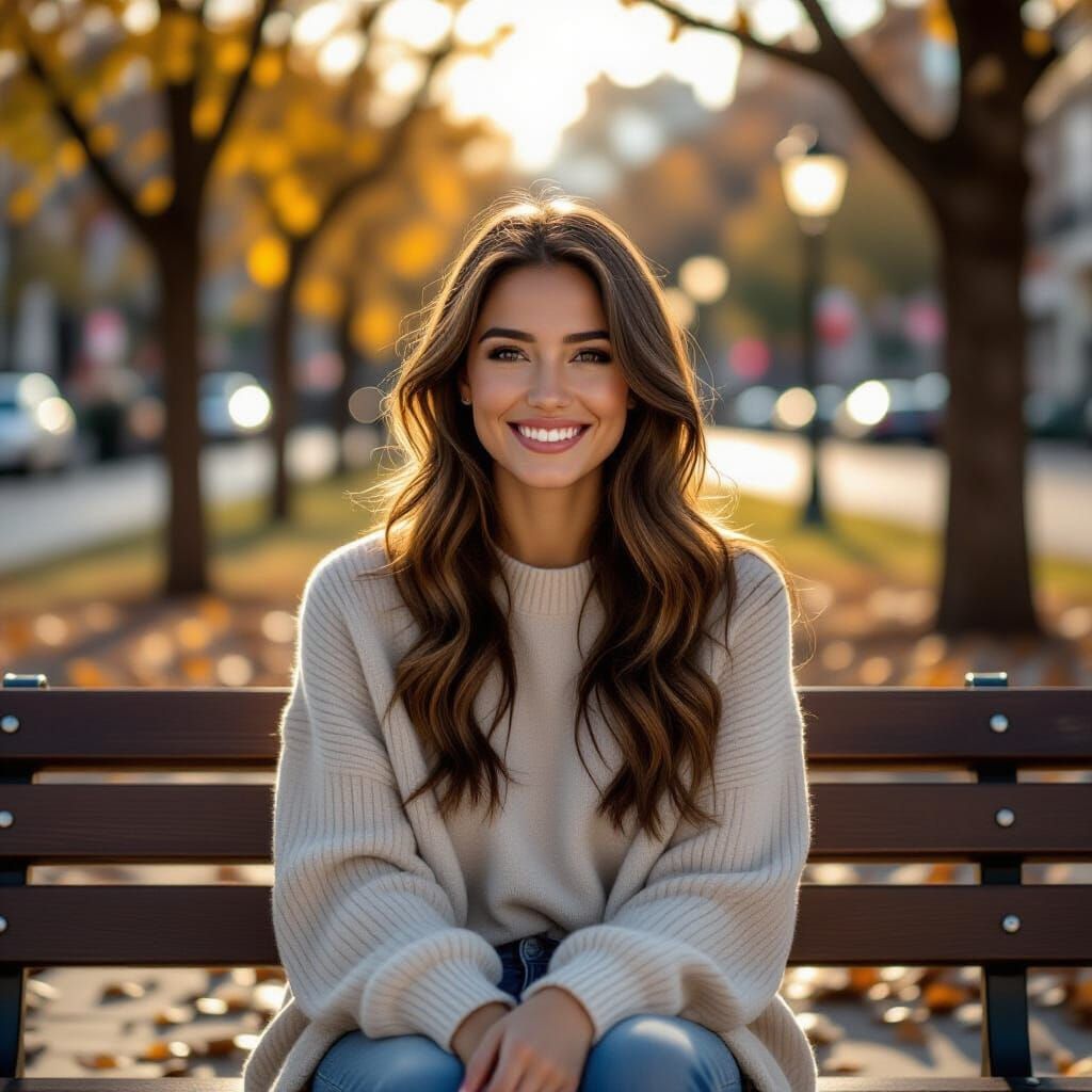 Smiling Woman in Park, Ultrarealistic Portrait