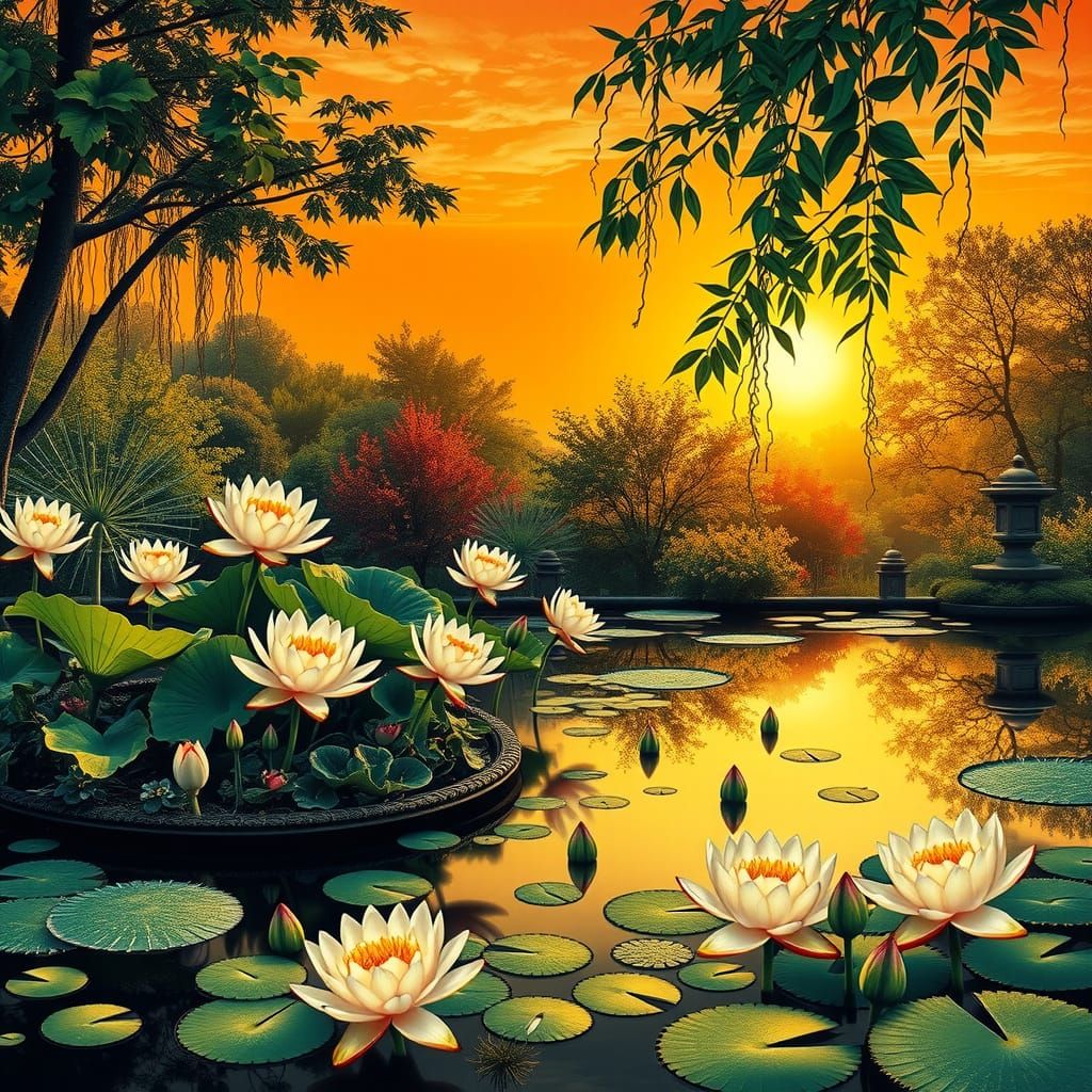 Fractal Exotic Elegance, ukiyo-e, garden, pond, waterlilies,...