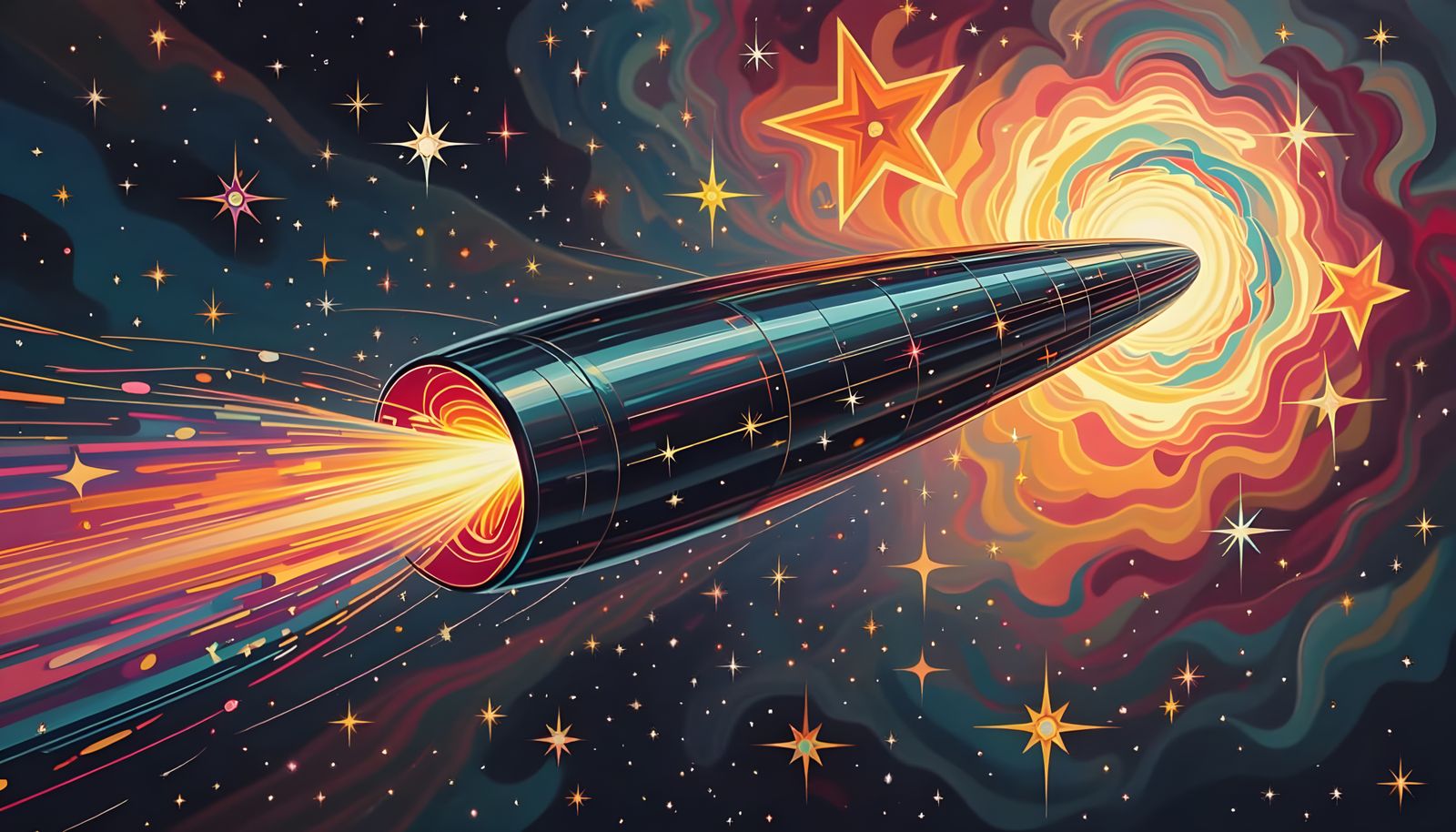 Reflective Cylinder Mirrored in Dreamlike Starry Cosmos