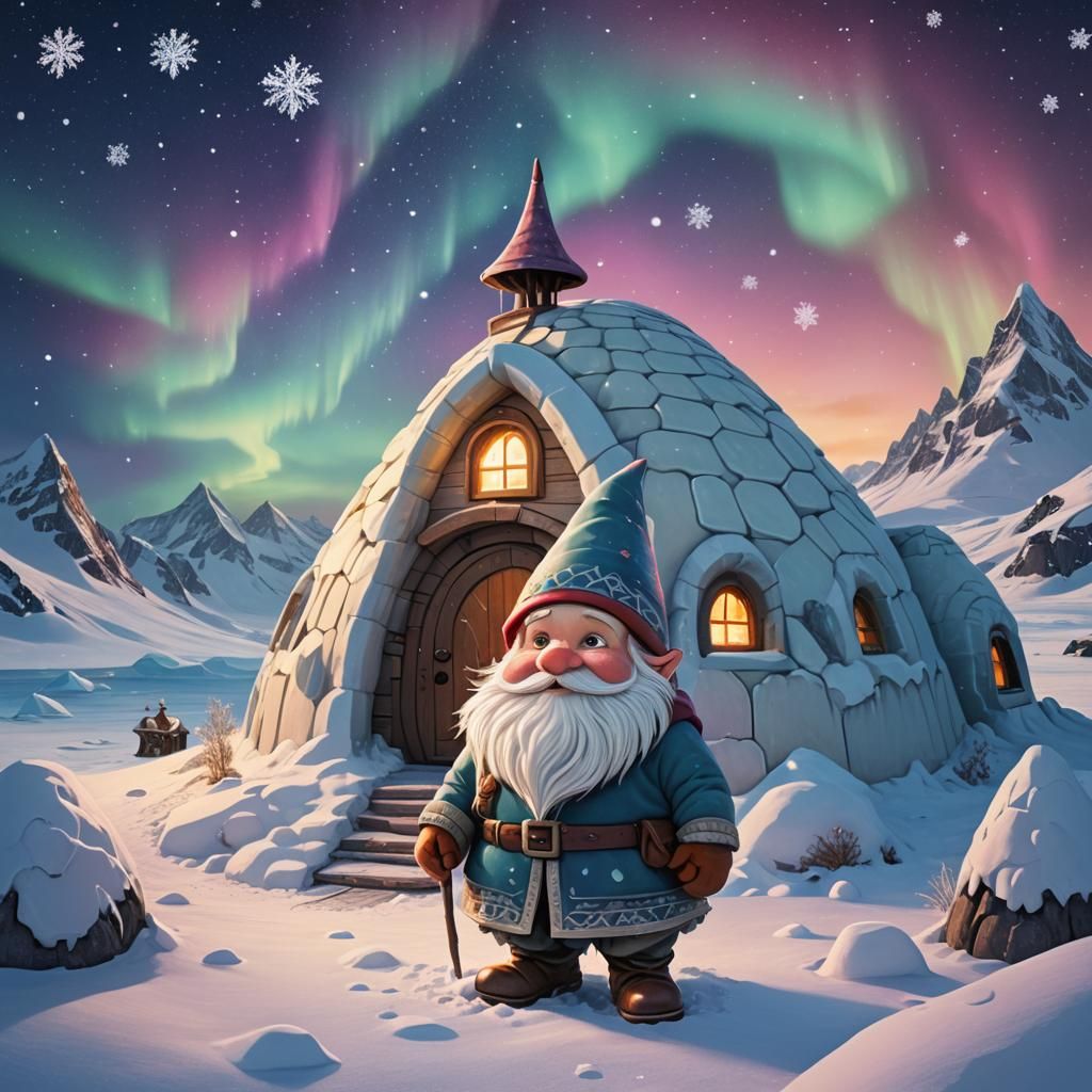 Gnome in Antarctica Under Northern Lights