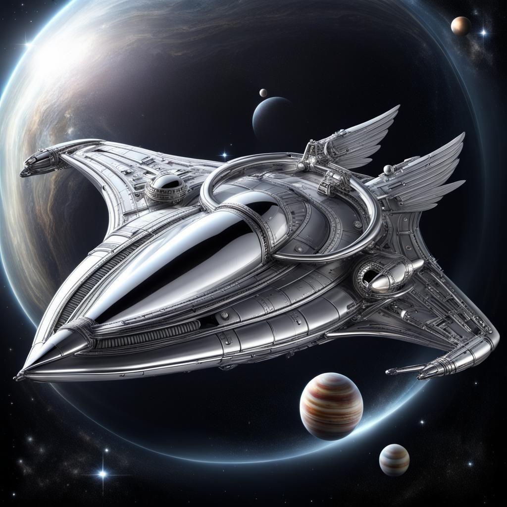 Sleek Winged Spaceship in Cosmic Flight