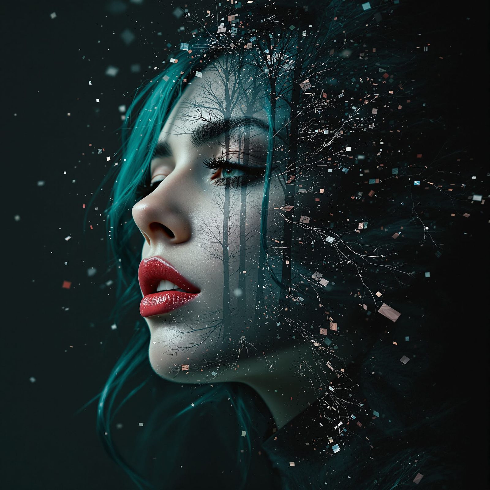 Woman's Face Dissolving into Digital Glitch and Forest Doubl...