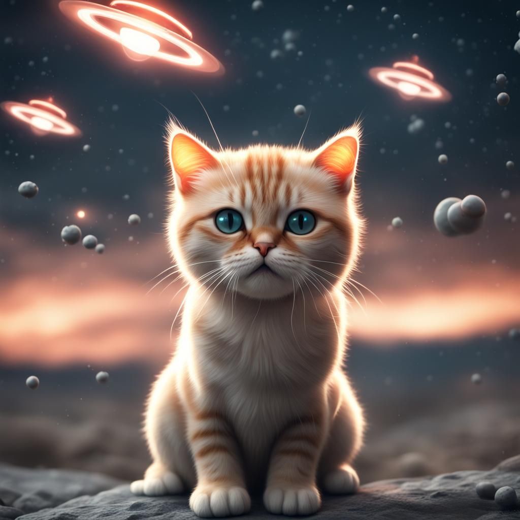 Lonely Cat Under UFO Storm in Photorealistic 8K