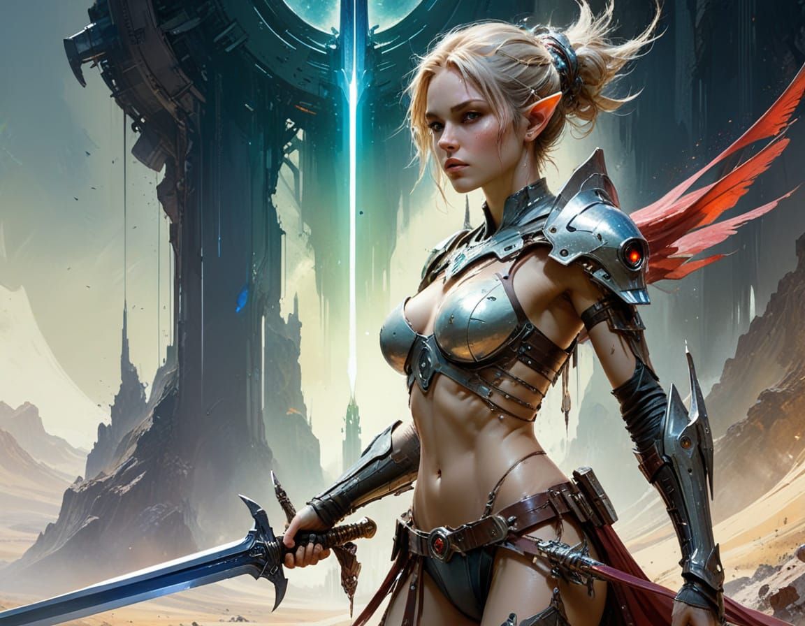 Cyborg Elf Warrior in Dramatic Watercolor