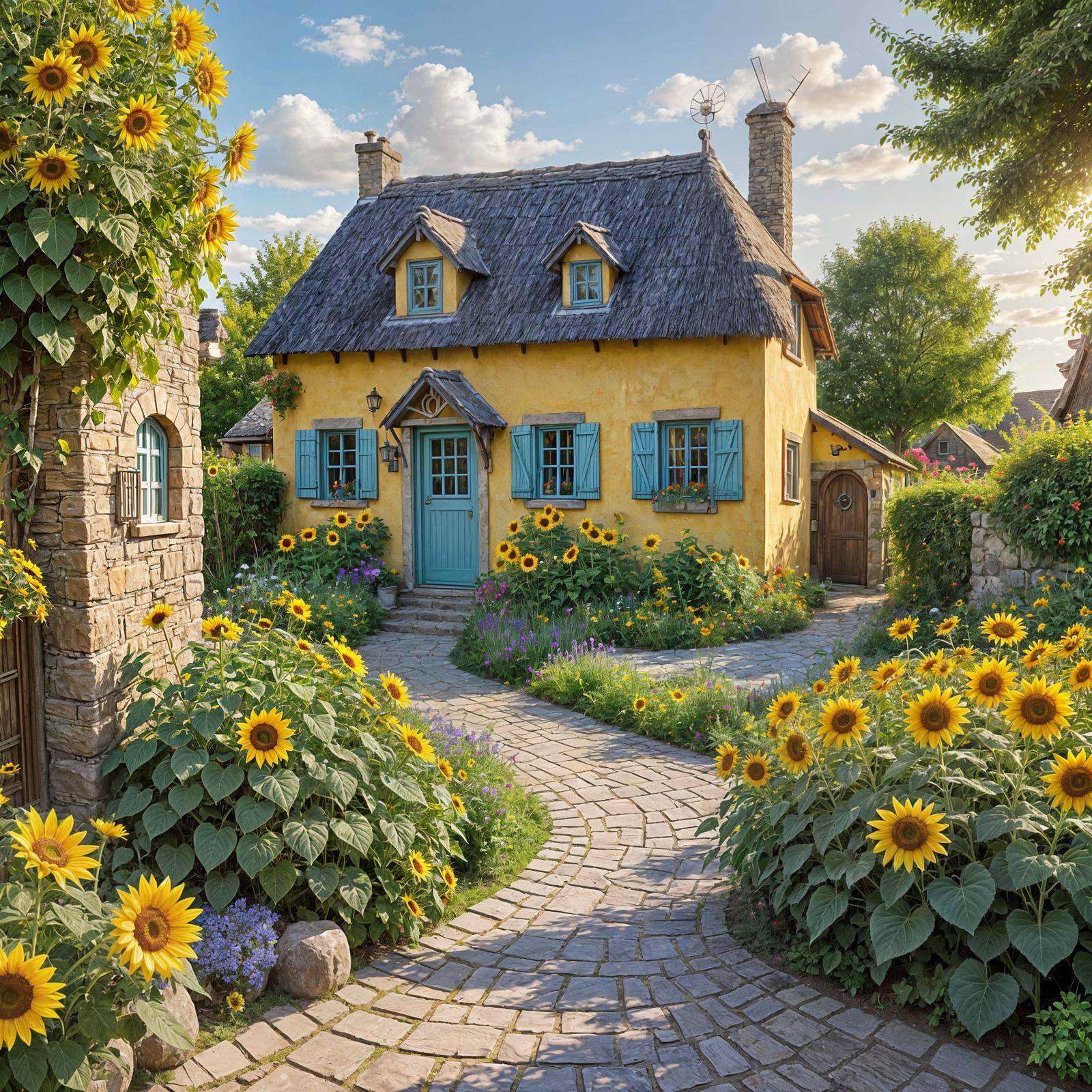Miniature Windmill Cottage with Giant Sunflowers in Warm Lig...