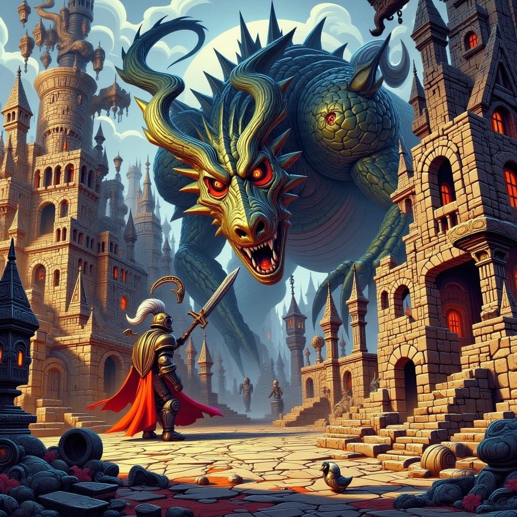 Gothic Knight Battles Dragon in Dark Fantasy Cityscape