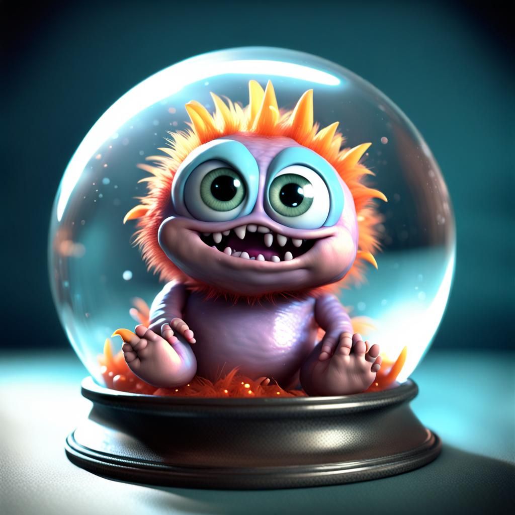 Chibified Trash Monster in Glass Ball: Pixar-Style Art
