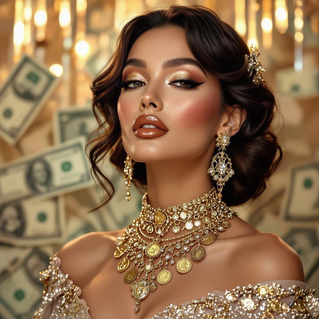 A stunning diva with lips painted in shimmering gold leaf, a...