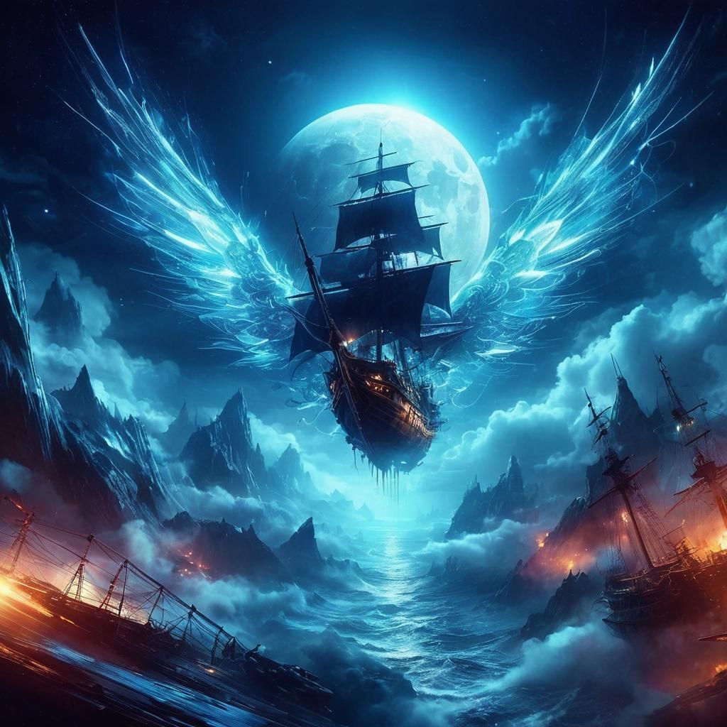 Cyberpunk Winged Pirate Ship in Norse Fantasy Style