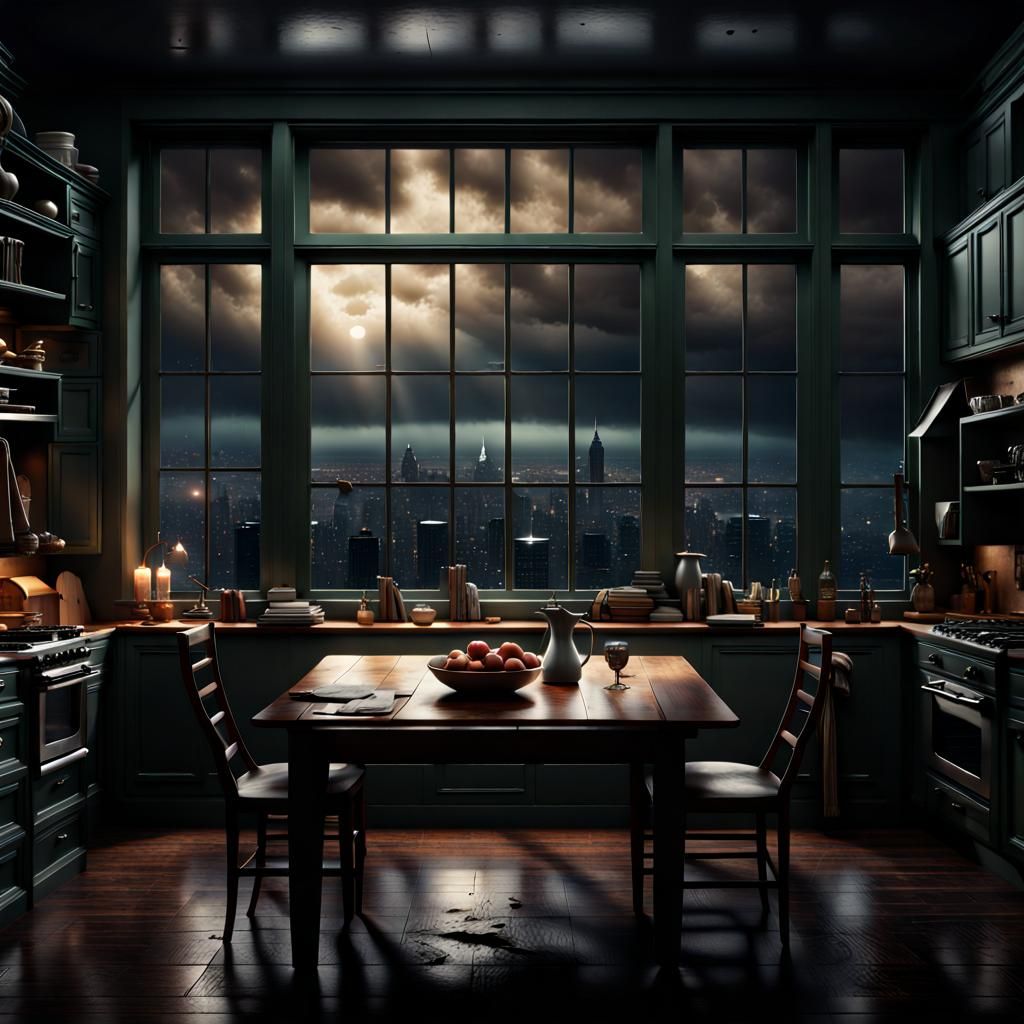 Dark Kitchen Table on Rainy Night: Digital Matte Painting