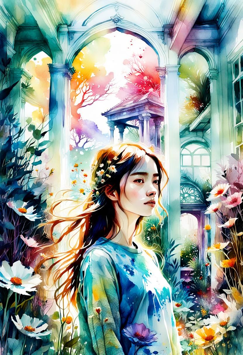Double Exposure Garden and Home in Watercolor Style
